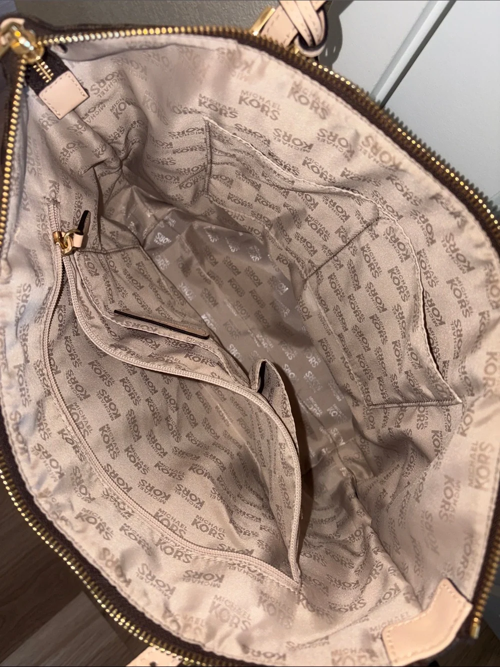 Michael Kors Brown MK Signature Tote with Pale Pink Straps and Gold Charm